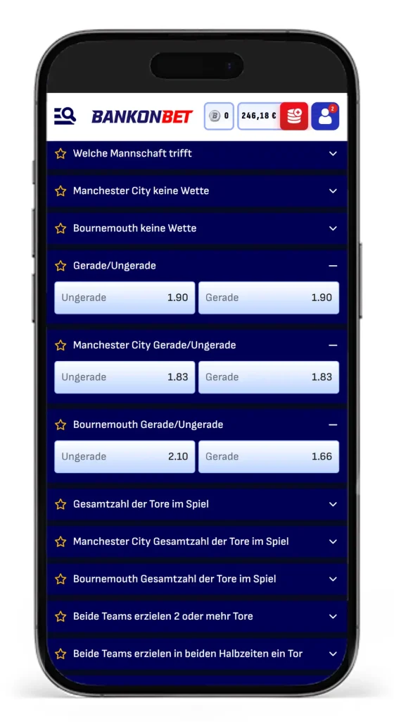 Wettauswahl fuer Ungerade Gerade Wetten auf das Fussballspiel Manchester City gegen Bournemouth bei Bankonbet