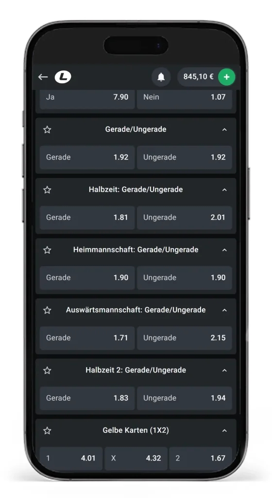 Auswahl fuer Ungerade Gerade Wetten auf das Fussballspiel Manchester City gegen Bournemouth vom Wettanbieter Leonbet