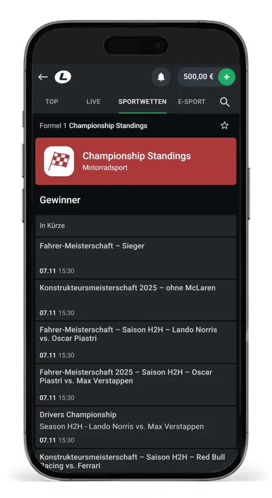 Einblick in das Wettangebot und die Quoten fuer Formel 1 Wetten bei Leonbet auf die Meisterschaft 2025