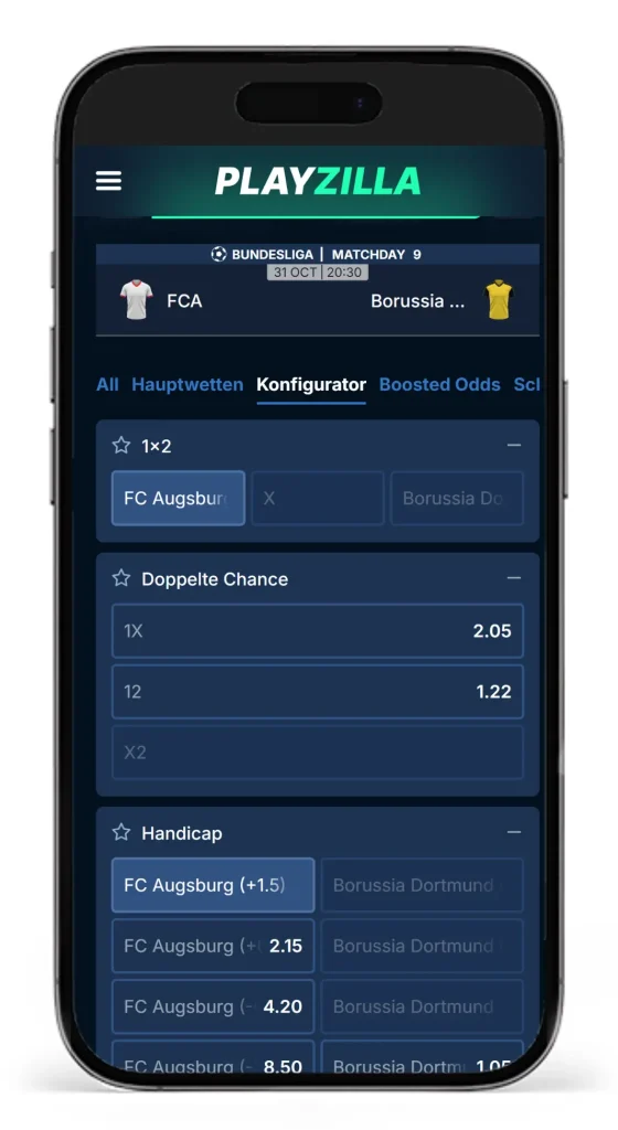 Einblick in die Auswahl mit dem Wettkonfigurator von PlayZilla fuer das Bundesliga-Spiel Augsburg gegen Dortmund