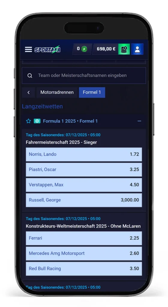 Einblick in das Wettangebot und Quoten fuer Langzeitwetten auf Formel 1 Rennen bei Sportaza