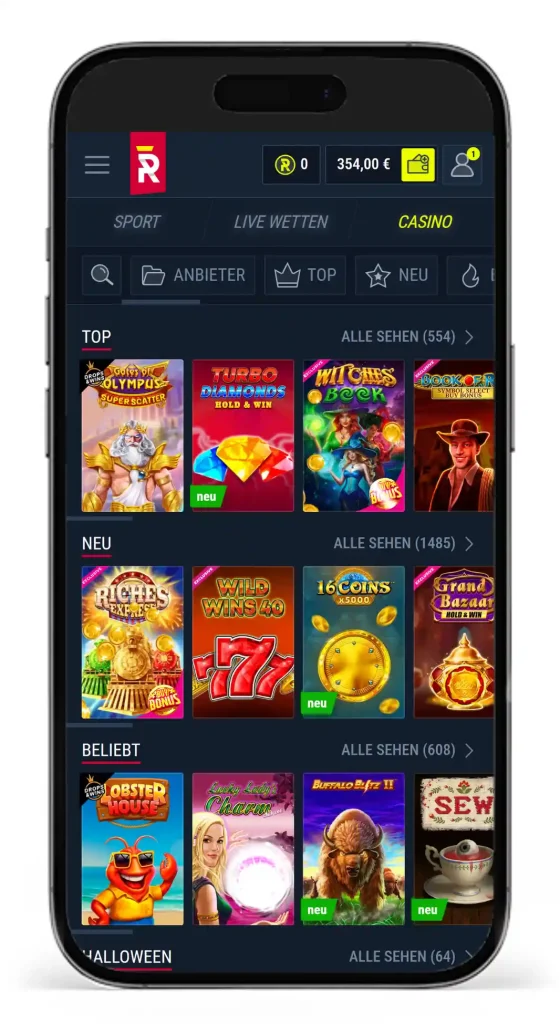 Einblick in die Spielauswahl im Online Casino vom Sportwetten Casino Rabona