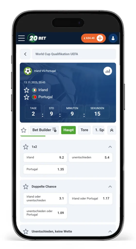 20Bet Wettquoten vom Qualifikationsspiel Irland gegen Portugal fuer die Weltmeisterschaft 2026