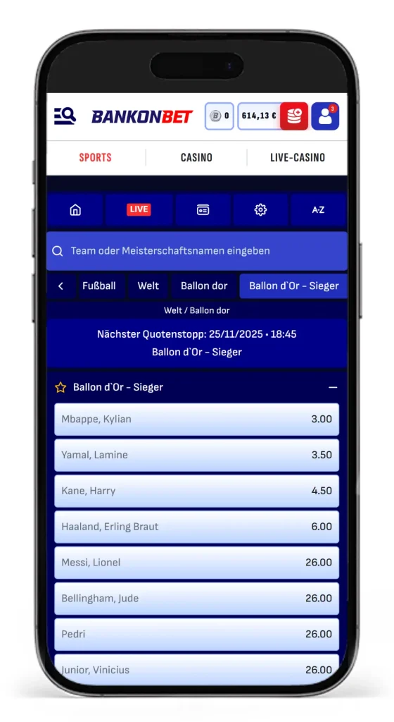 Ballon d’Or Quoten vom Wettanbieter Bankonbet