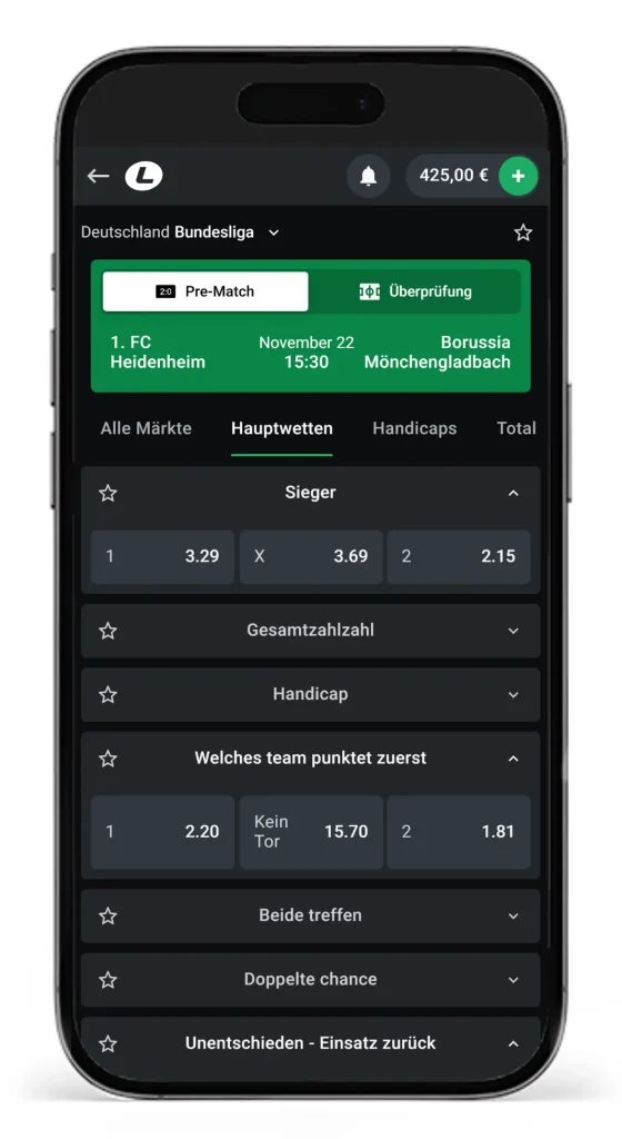 Leonbet Wettquoten bei dem Bundesligaspiel zwischen Heidenheim und Borussia Moenchengladbach