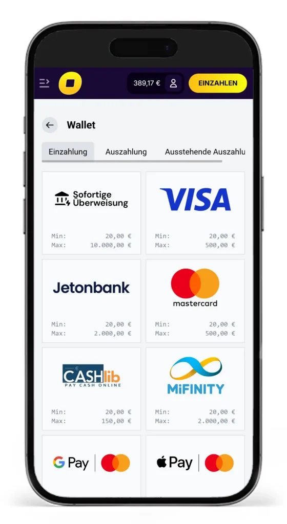 Auszug aus den Zahlungsmethoden fuer Einzahlungen beim Wettanbieter CasinoLoots