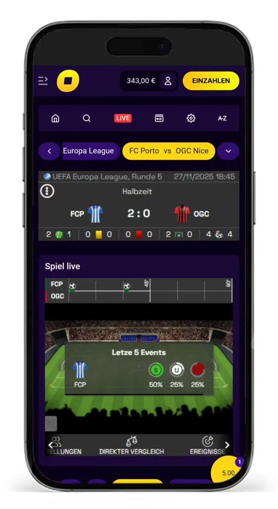 Livewetten-Konsole mit Statistiken bei CasinoLoots