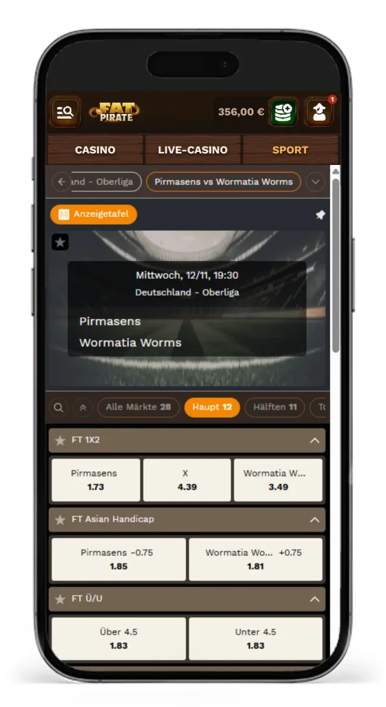 Oberliga Wetten bei Fatpirate mit dem Spiel Pirmasens gegen Worms
