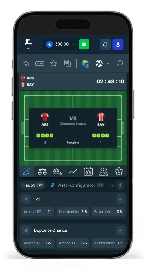 Wettquoten fuer das Champions League Spiel zwischen Bayern und Arsenal beim Wettanbieter FortuneJack