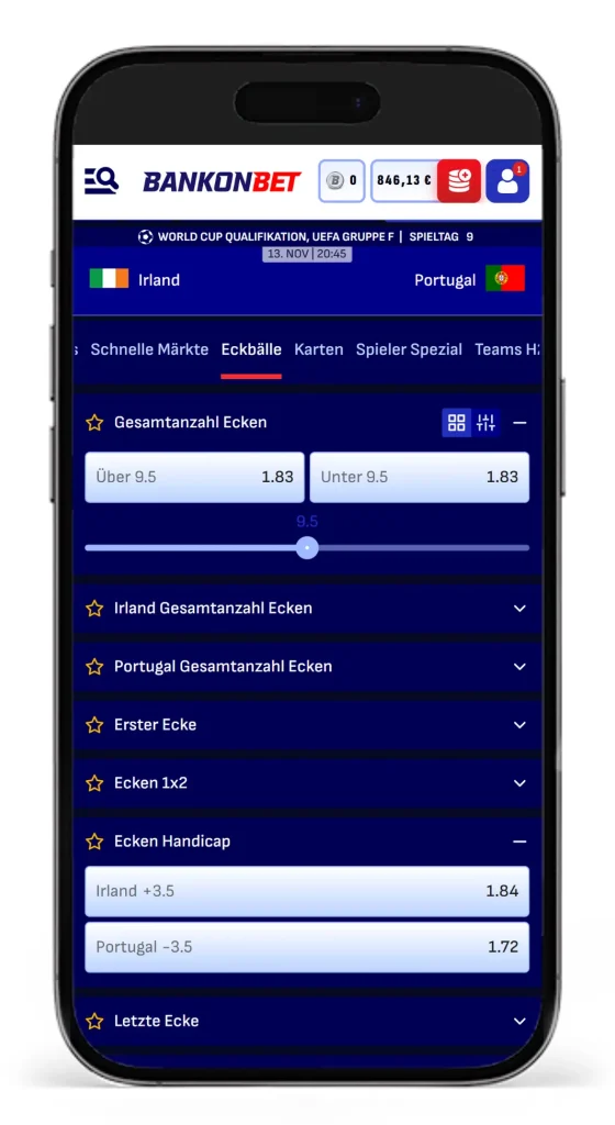 Handicap Wetten auf Eckbaelle bei Bankonbet