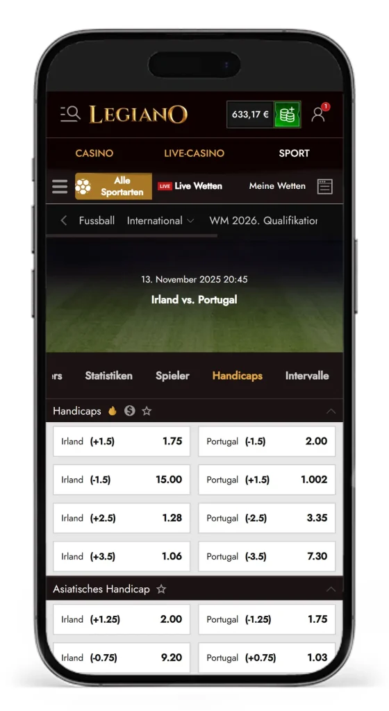Einblick in das Angebot von Handicap Wetten inklusive asiatisches Handicap bei Legiano
