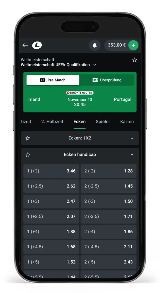 Auswahl und Quoten von Handicap Wetten auf Ecken bei Leonbet