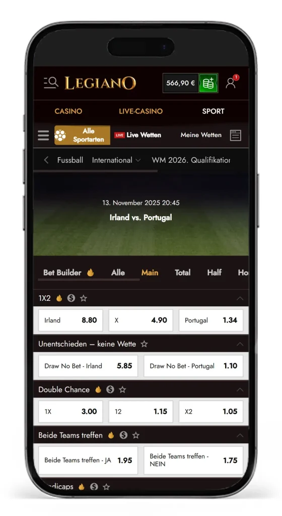 Einblick in die Wettquoten vom Qualifikationsspiel Irland gegen Portugal fuer die Weltmeisterschaft 2026 bei Legiano