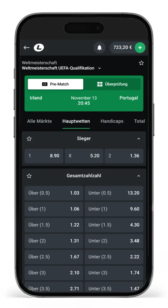 Leonbet Quoten vom Qualifikationsspiel Irland gegen Portugal fuer die Weltmeisterschaft 2026