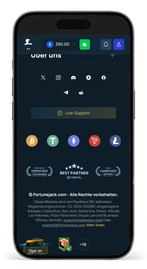 Footer von der Sportwettenseite FortuneJack mit Angaben zur Lizenz und den Betreiber