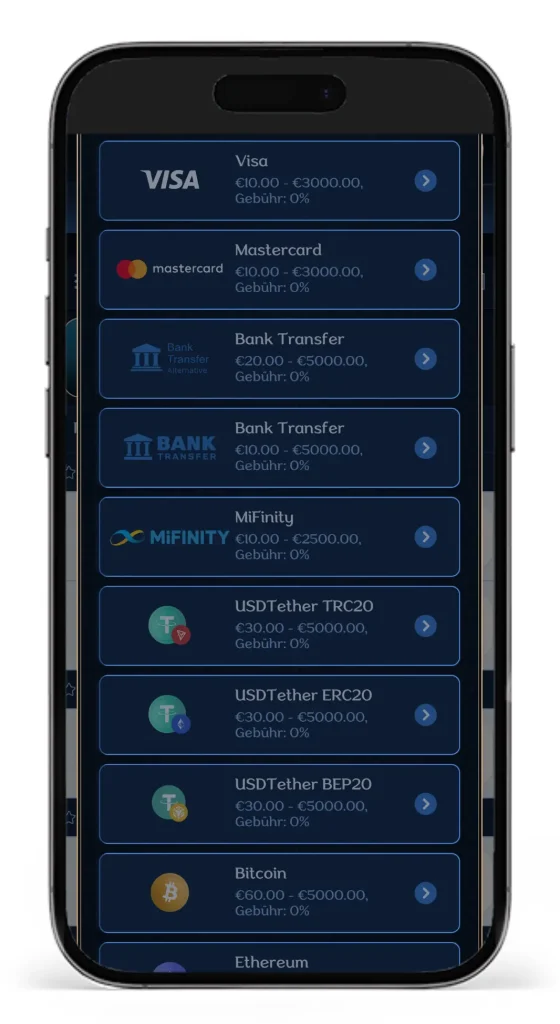 Auszug aus den Zahlungsmethoden fuer Auszahlungen bei Millioner