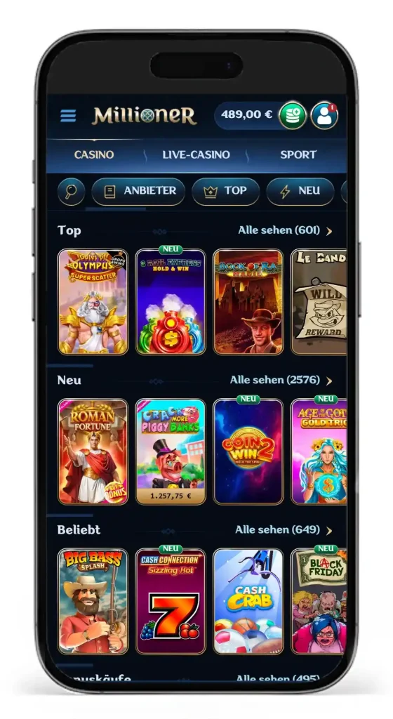 Einblick in das Angebot an Casinospielen vom Wettanbieter Millioner