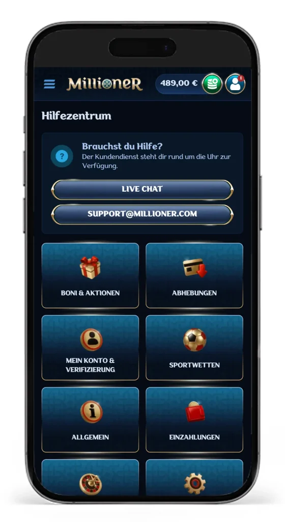 Hilfezentrum vom Wettanbieter Millioner mit FAQ-Bereich und Kontaktdaten fuer den Kundendienst