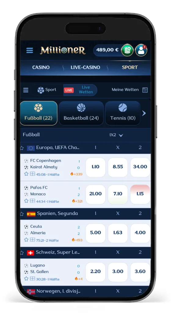Auszug aus dem Livewetten-Angebot vom Wettanbieter Millioner