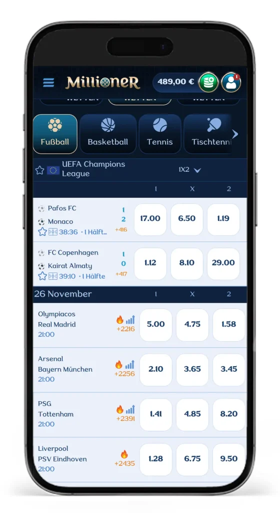 Auszug aus dem Wettprogramm auf anstehende Events vom Buchmacher Millioner