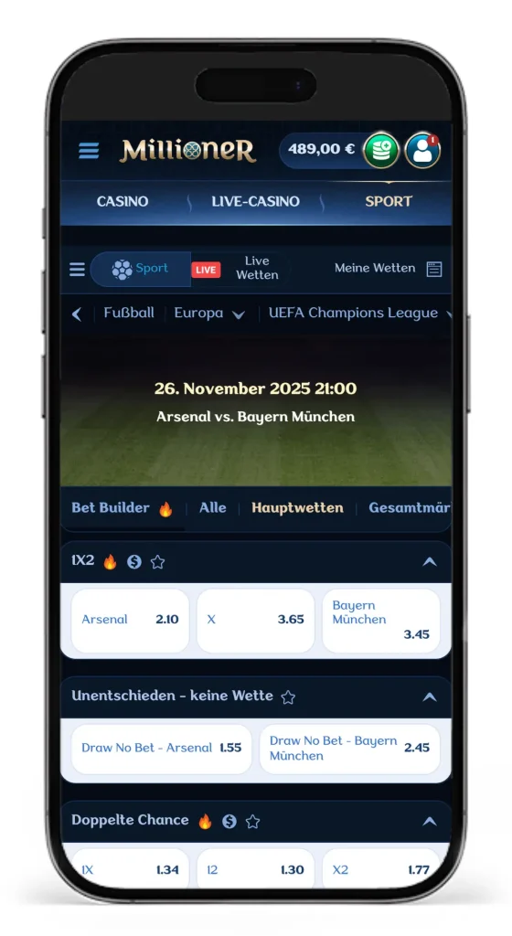 Einblick in die Wettquoten auf ein UEFA Champions League Spiel bei Millioner