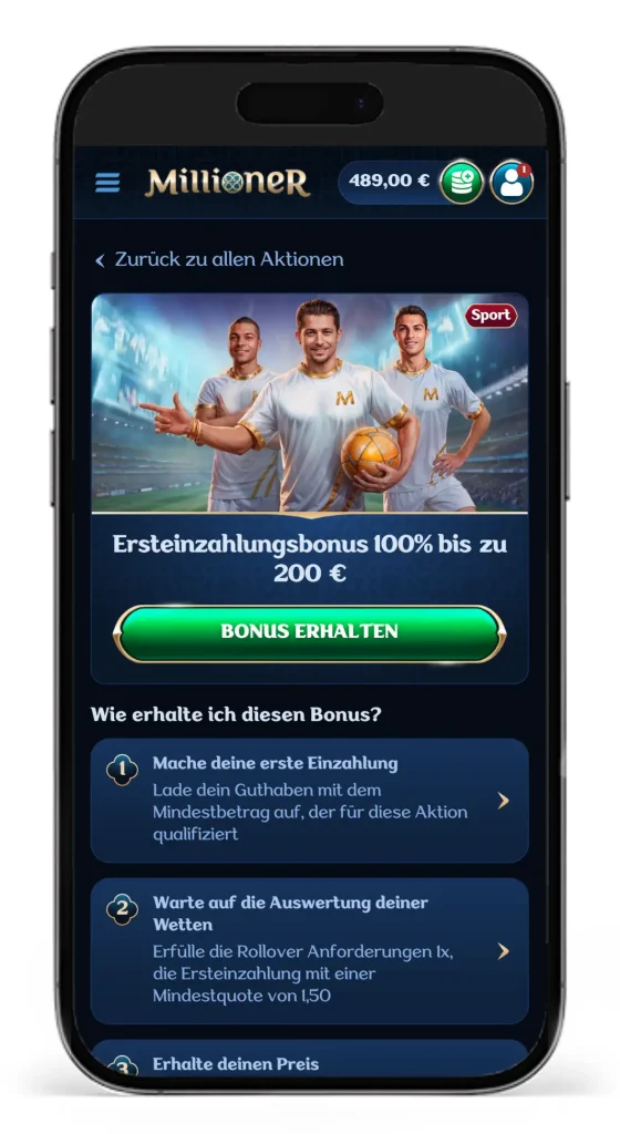Ersteinzahlungsbonus fuer Sportwetten vom Wettanbieter Millioner