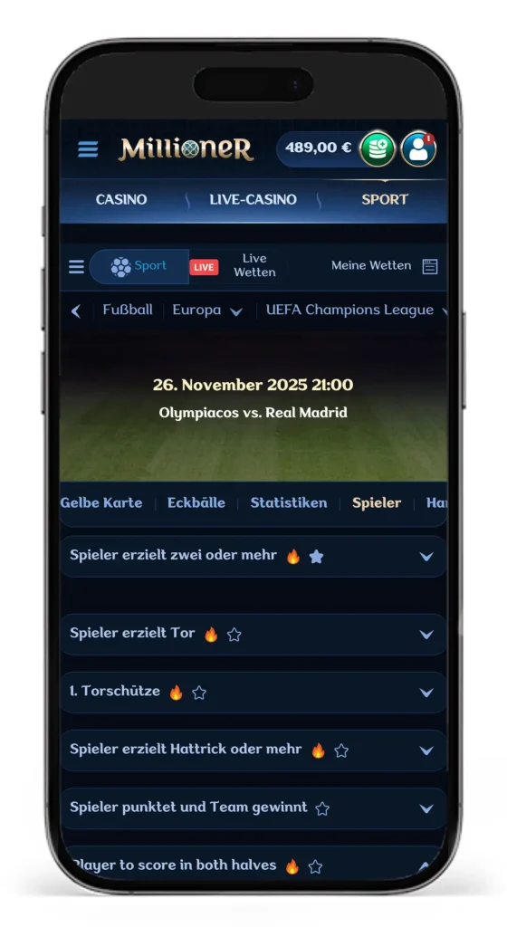 Einblick in die Spieler-Spezialwetten bei einem Champions League Spiel vom Buchmacher Millioner