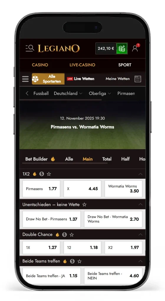 Einblick in die Wettarten fuer Oberliga Wetten bei Legiano fuer das Spiel Pirmasens gegen Worms