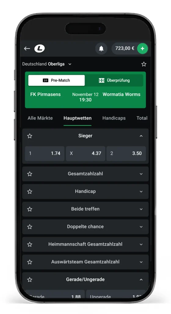 Einblick in die Wettoptionen fuer Oberliga Wetten bei Leonbet anhand des Spiels Pirmasens gegen Worms