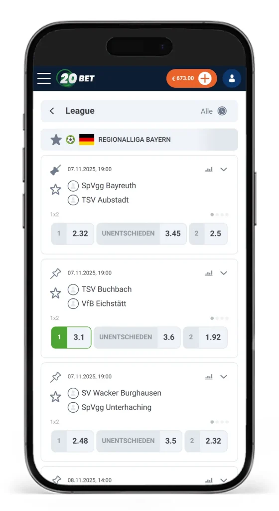 Einblick in die Quoten fuer die Spiele der Regionalliga Bayern bei 20Bet fuer Regionalliga Wetten