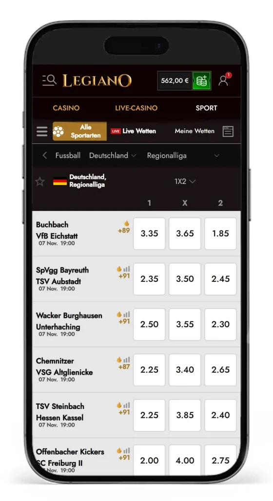 Einblick in die Quoten fuer Spiele der Regionalliga bei Legiano fuer Regionalliga Wetten
