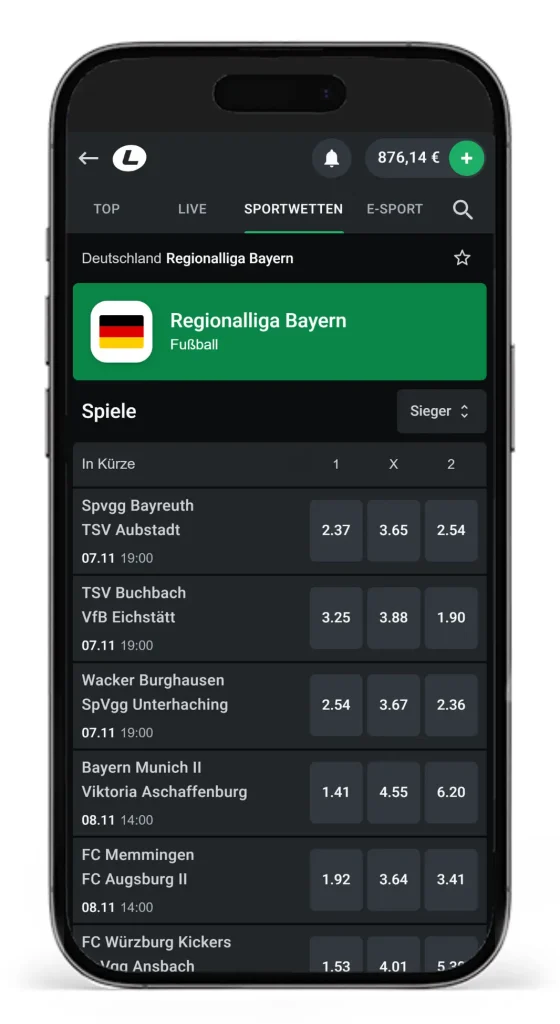 Auszug aus den Quoten fuer die Spiele der Regionalliga Bayern bei Leonbet fuer Regionalliga Wetten