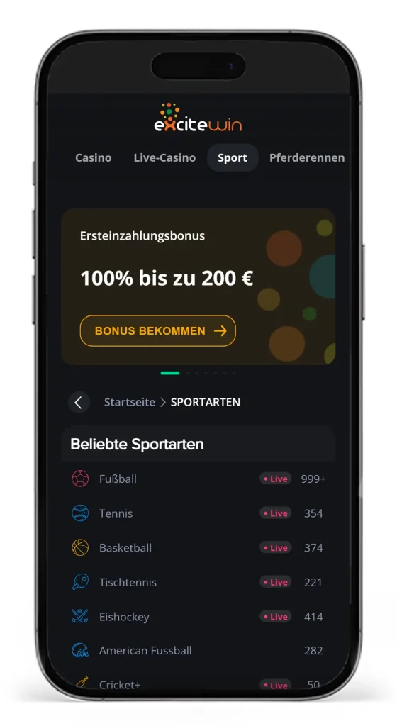 Einblick in das Wettangebot fuer Sportwetten ohne Steuer bei ExciteWin