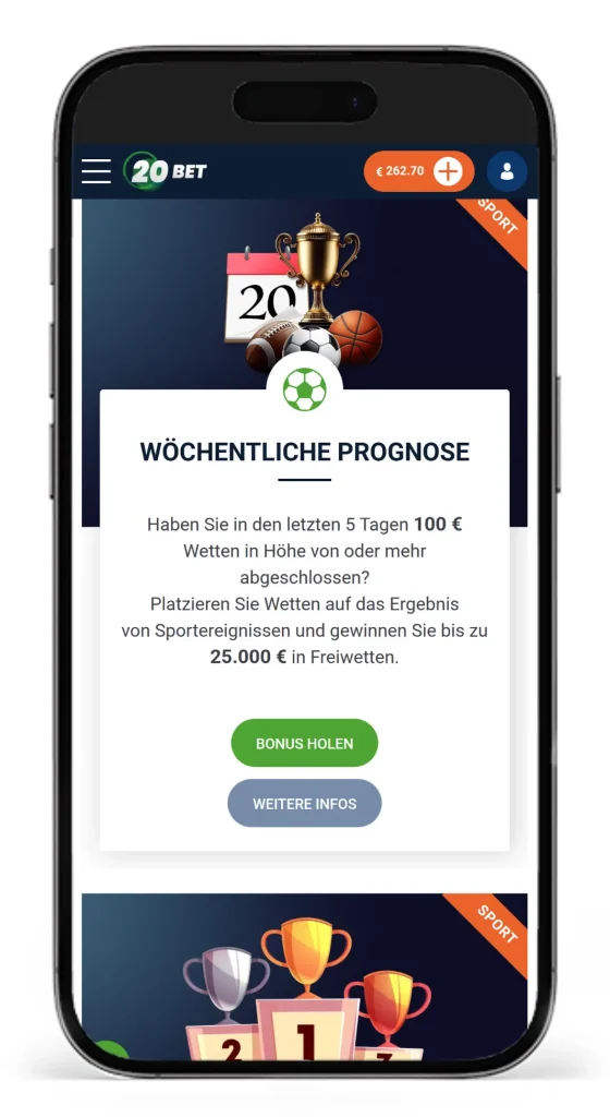 Sportwetten Weichnachtsbonus von 20Bet mit woechentlichen Prognosen zu gewinnen