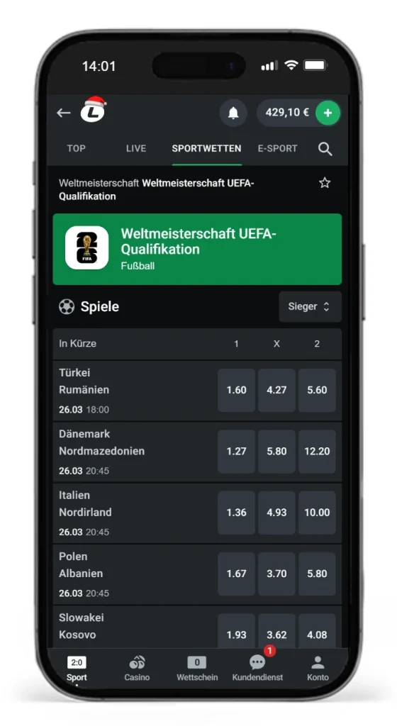 Auszug aus den Wettquoten auf die Weltmeisterschaft UEFA-Qualifikation beim Online Wettanbieter Leonbet
