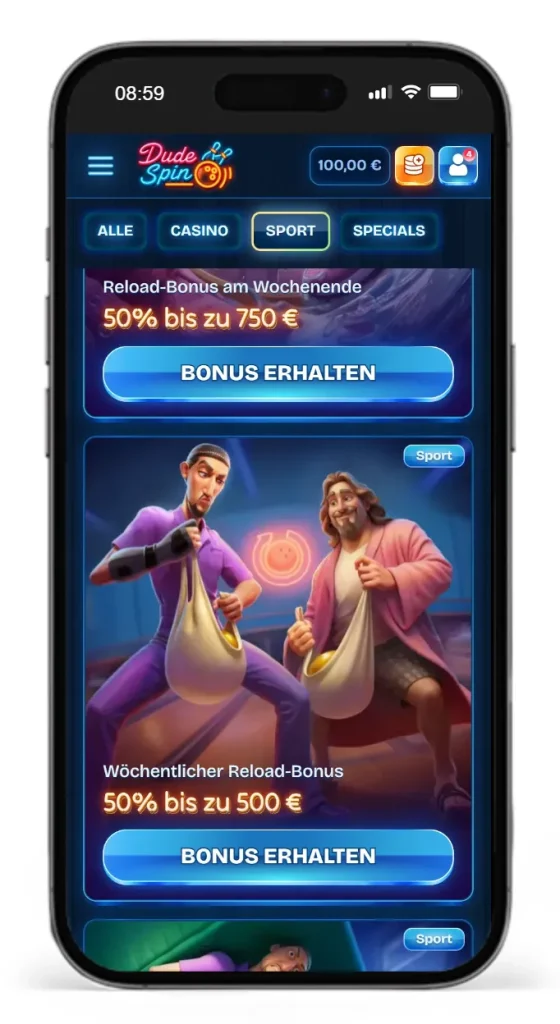 Reload Bonusaktionen fuer Sportwetten beim Online Wettanbieter DudeSpin