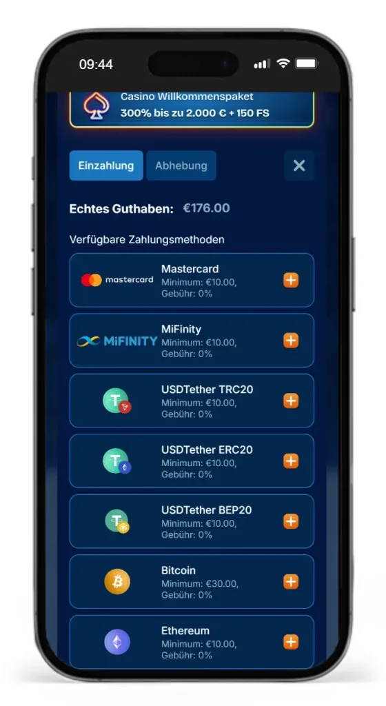 Auszug aus den Zahlungsmethoden fuer Einzahlungen beim Sportwettenanbieter DudeSpin