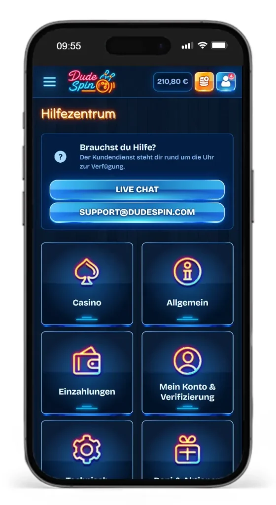 Hilfezentrum mit FAQ und Kontaktdaten des Kundensupports von DudeSpin