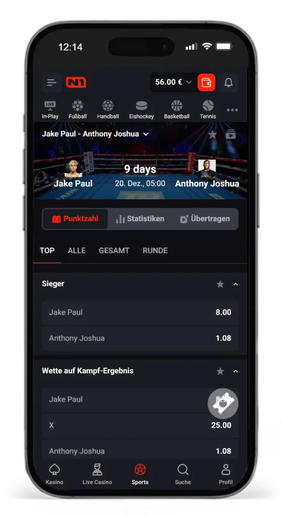 Auszug aus den Jake Paul vs Anthony Joshua Quoten vom Online Wettanbieter N1 Bet