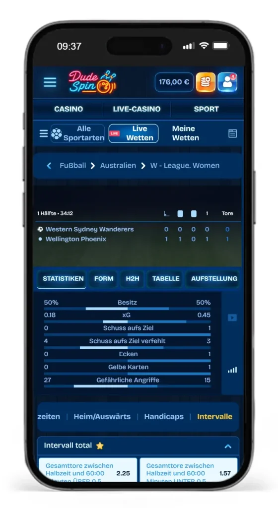 Livewetten-Konsole mit Statistikzentrum vom Online Wettanbieter DudeSpin