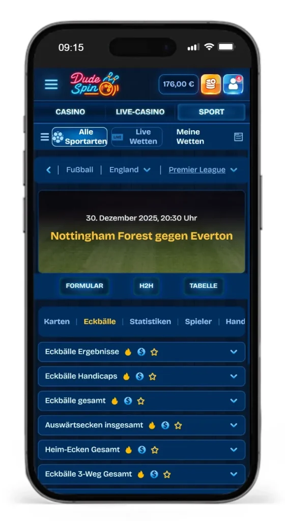 Einblick in das Wettprogramm auf Fussballspiele beim Wettanbieter DudeSpin
