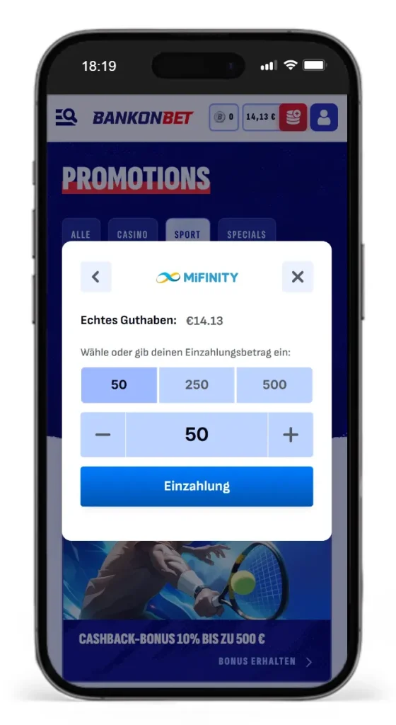 Einzahlung beim MiFinity Wettanbieter Bankonbet