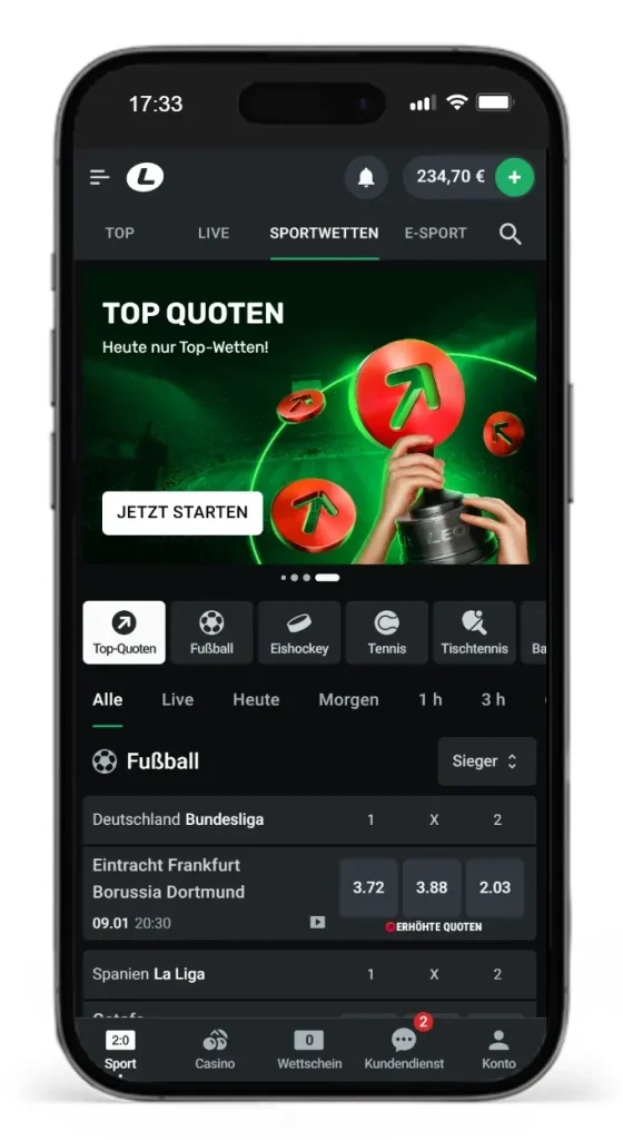 Sportwetten ohne deutsche Lizenz mit Top Quoten beim Online Wettanbieter Leonbet