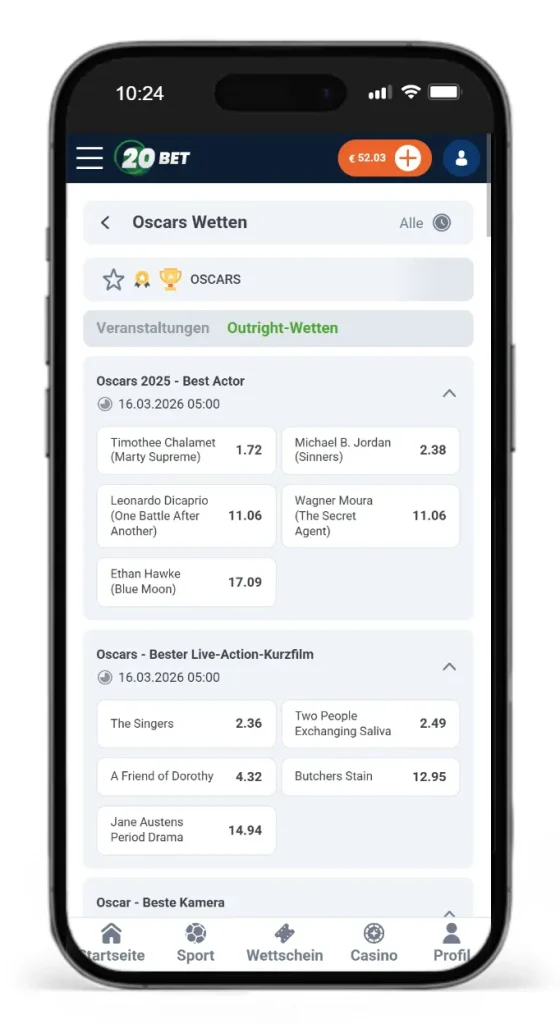 Oscars 2026 Wettquoten bei 20Bet