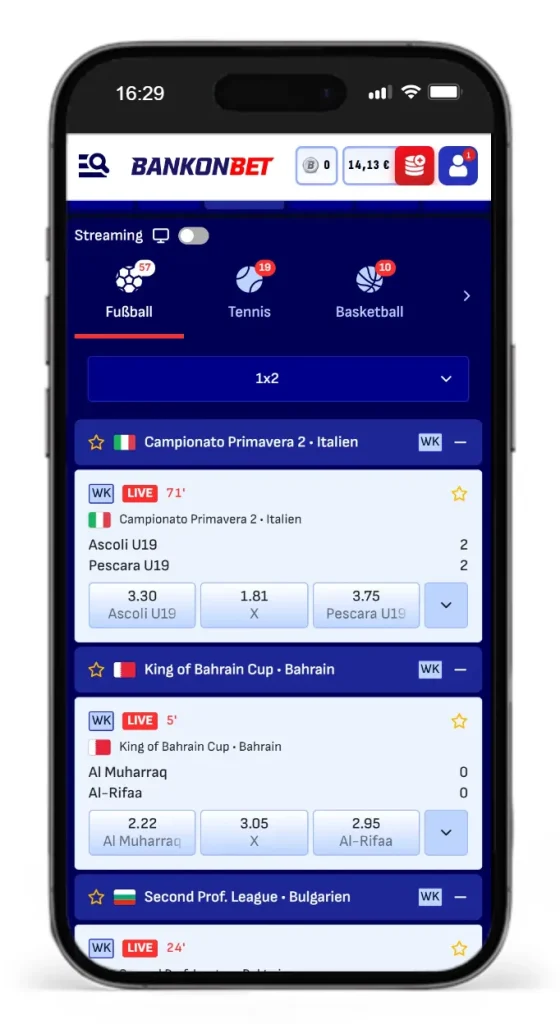 Auszug der Live Wetten bei Bankonbet