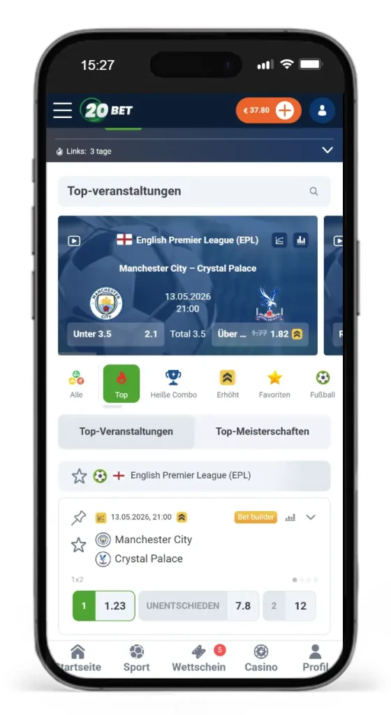 Einblick in die Wettauswahl und Top Veranstaltungen bei 20Bet