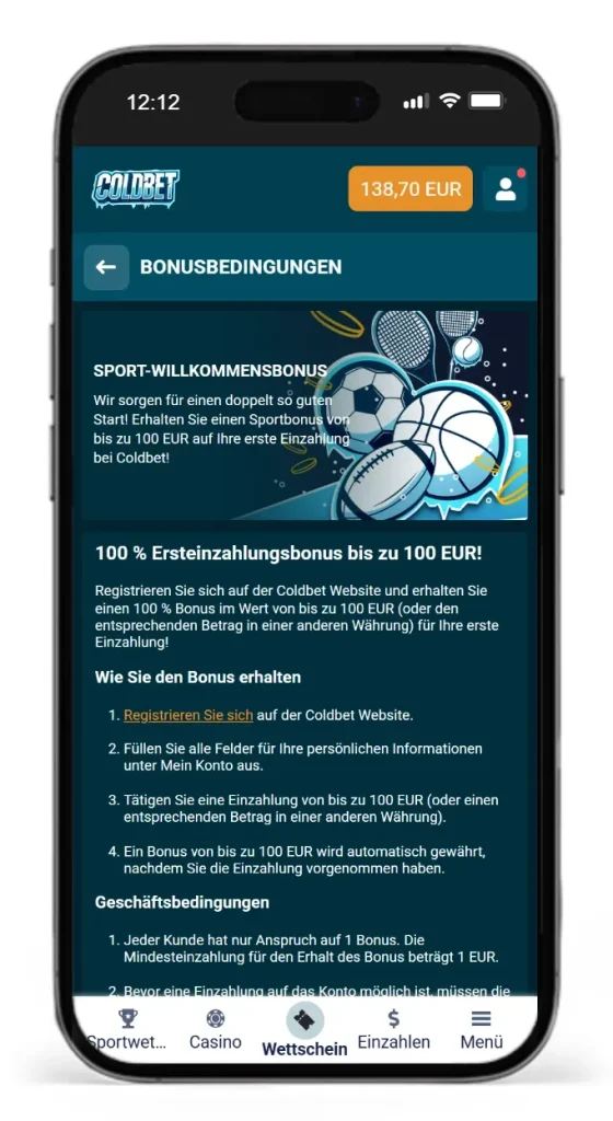Ersteinzahlungsbonus fuer Sportwetten von Coldbet