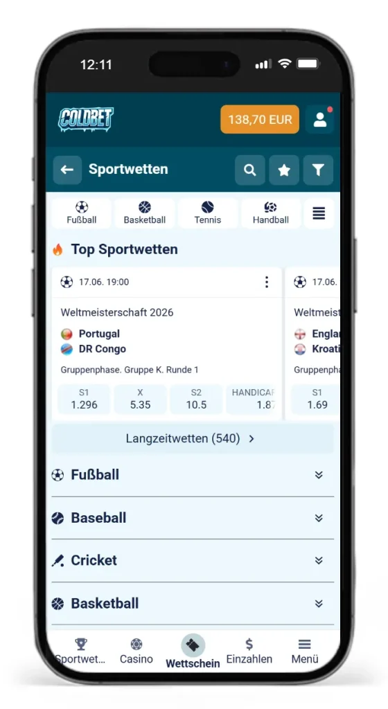 Einblick in die Wettauswahl bei Coldbet