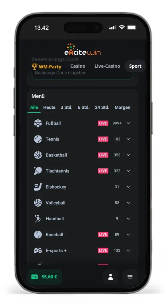 Auszug der Wettauswahl beim Sportwetten Anbieter ExciteWIn