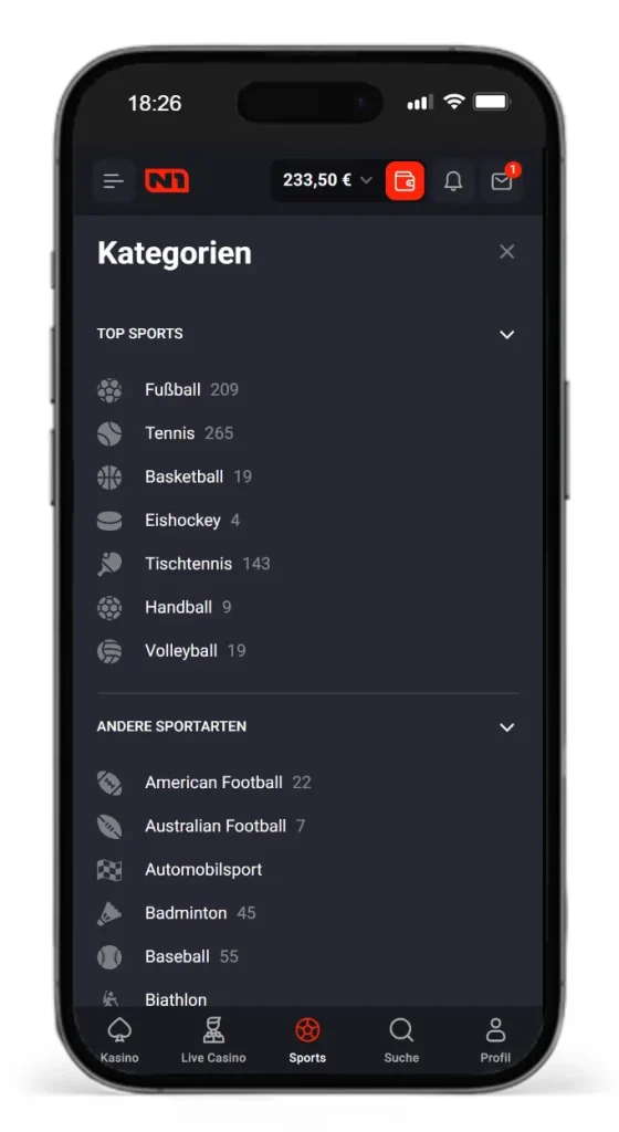 Wettauswahl bei N1 Bet